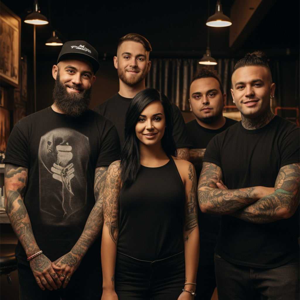 woman with brown hair and orange glasses sitting at a desk covered in art, with colorful artwork behind her