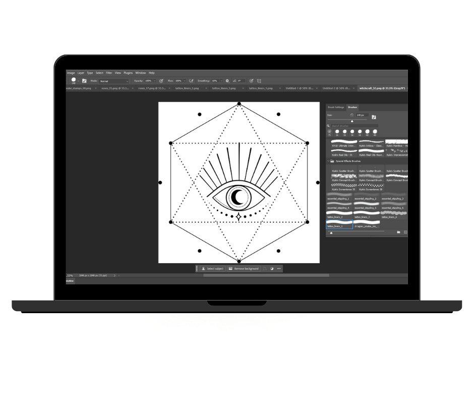 a rose and detailed dot and line artwork on an iPad in Procreate with examples of brushes from the toolset