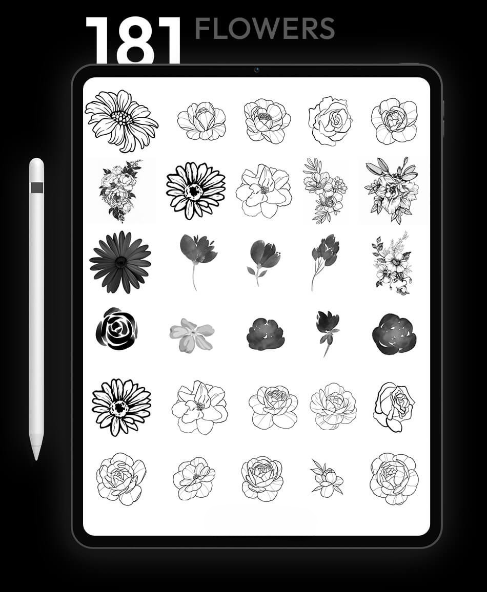 examples of the flower stencils available in the pack on an iPad background