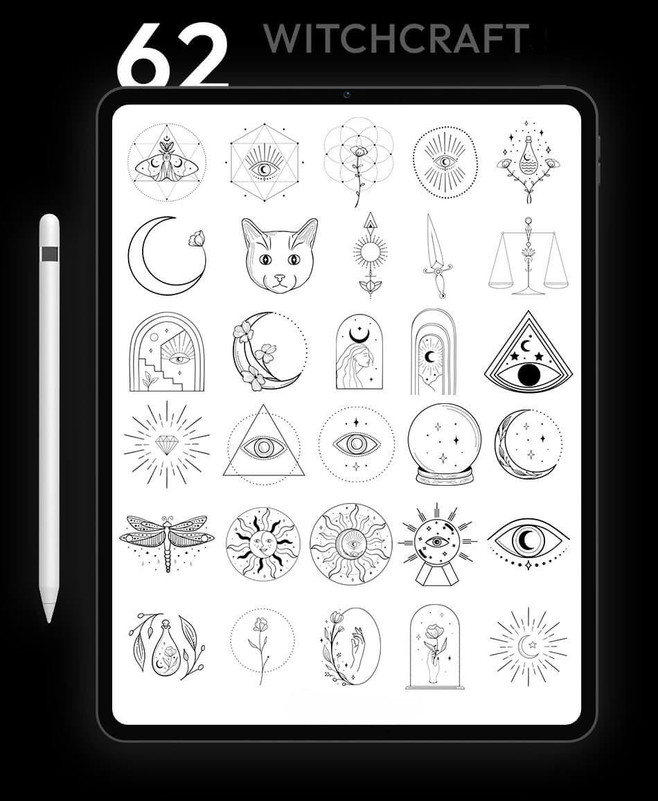 examples of the witchcraft and wiccan stencils available in the pack on an iPad background