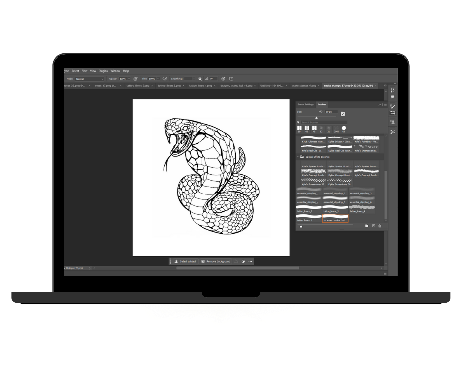 design of a snake on an iPad with the toolset showing on Procreate